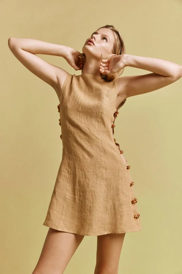 VRG GRL Tia Linen Mini Dress Ochre Women Mini Dresses