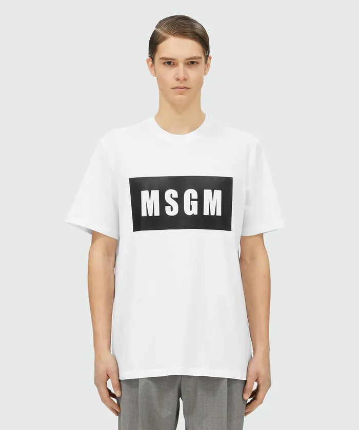 White Jersey TShirt With Graphic Box Logo Men MSGM Tshirts