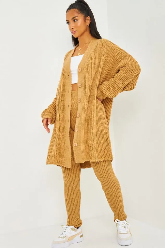 Women 2Piece CoOrd Knitted Set Cardigan Trousers In Camel Camel Brentiny Paris Cardigans