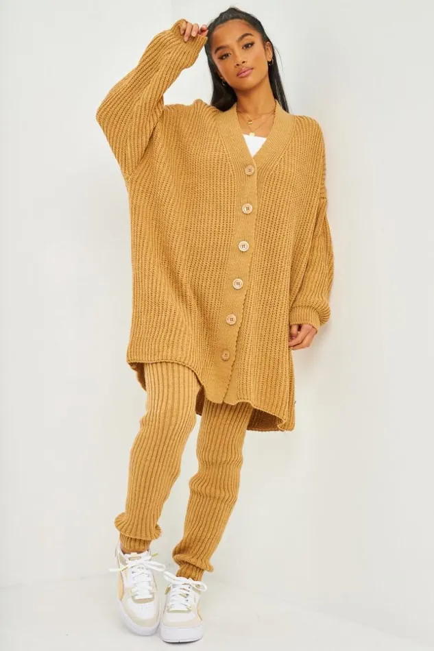 Women 2Piece CoOrd Knitted Set Cardigan Trousers In Camel Camel Brentiny Paris Cardigans