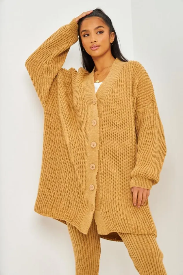 Women 2Piece CoOrd Knitted Set Cardigan Trousers In Camel Camel Brentiny Paris Cardigans