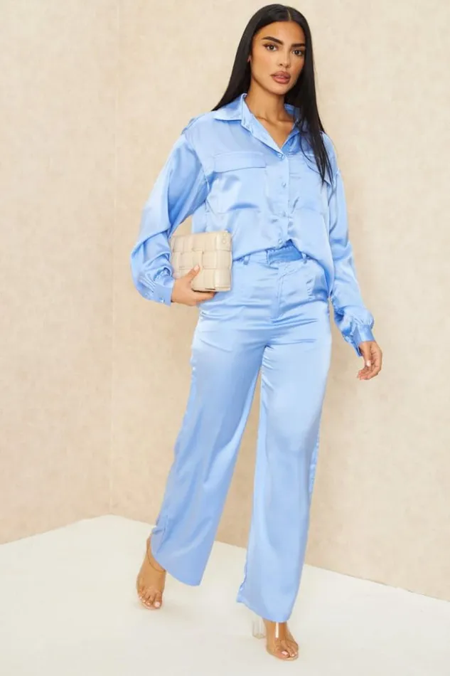 Women 2 Piece CoOrd Satin Set Shirt Trousers In Purple Purple Brentiny Paris Shirts and Blouses Women 2 Piece CoOrd Satin Set Shirt Trousers In Purple Purple Brentiny Paris Shirts and Blouses