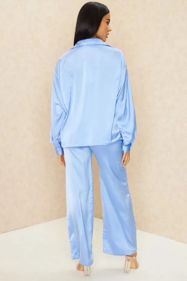 Women 2 Piece CoOrd Satin Set Shirt Trousers In Purple Purple Brentiny Paris Shirts and Blouses