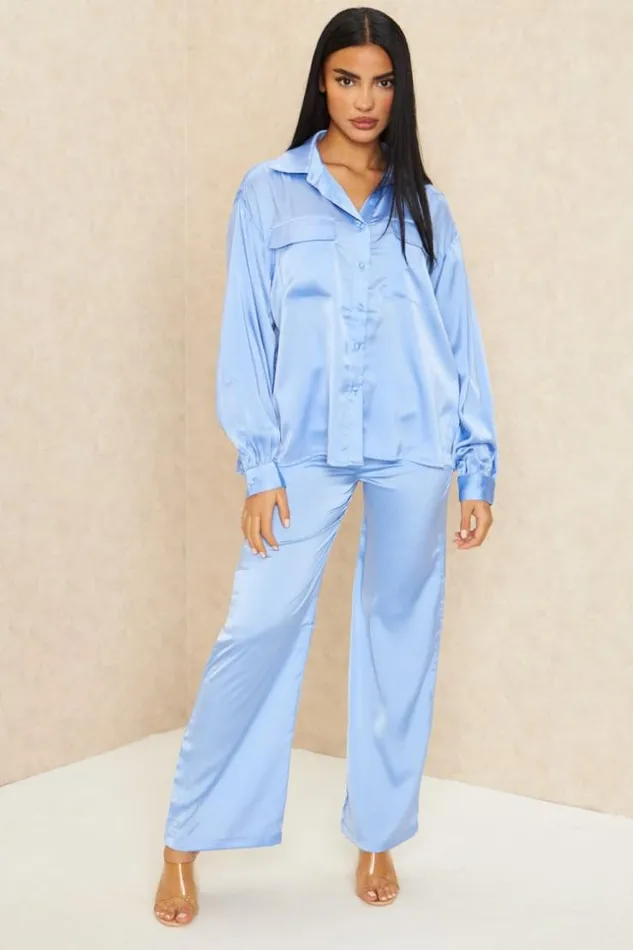Women 2 Piece CoOrd Satin Set Shirt Trousers In Purple Purple Brentiny Paris Shirts and Blouses