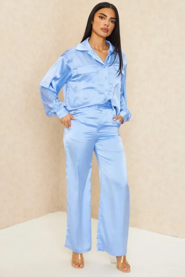 Women 2 Piece CoOrd Satin Set Shirt Trousers In Purple Purple Brentiny Paris Shirts and Blouses