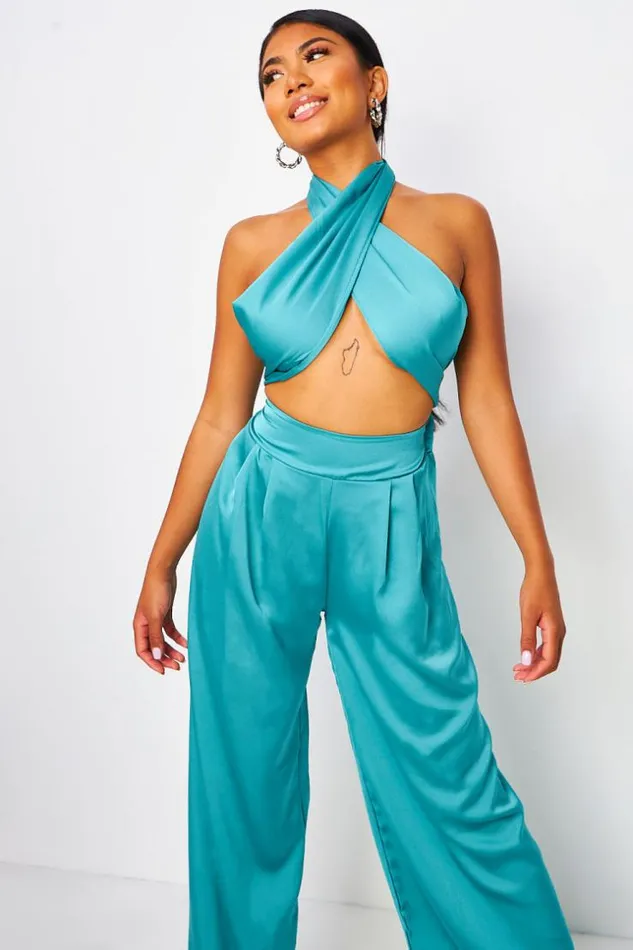 Women 2 Piece CoOrd Satin Set Wrap Top With Halter Neck Trousers In BlueGreen Blue Brentiny Paris Top And Tank Tops Women 2 Piece CoOrd Satin Set Wrap Top With Halter Neck Trousers In BlueGreen Blue Brentiny Paris Top And Tank Tops
