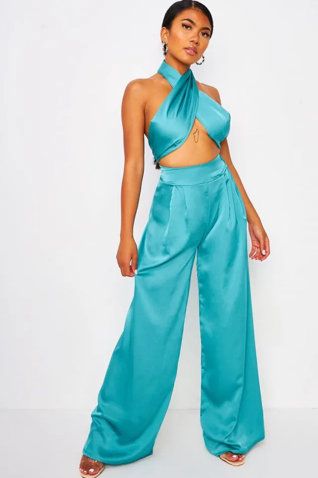 Women 2 Piece CoOrd Satin Set Wrap Top With Halter Neck Trousers In BlueGreen Blue Brentiny Paris Top And Tank Tops