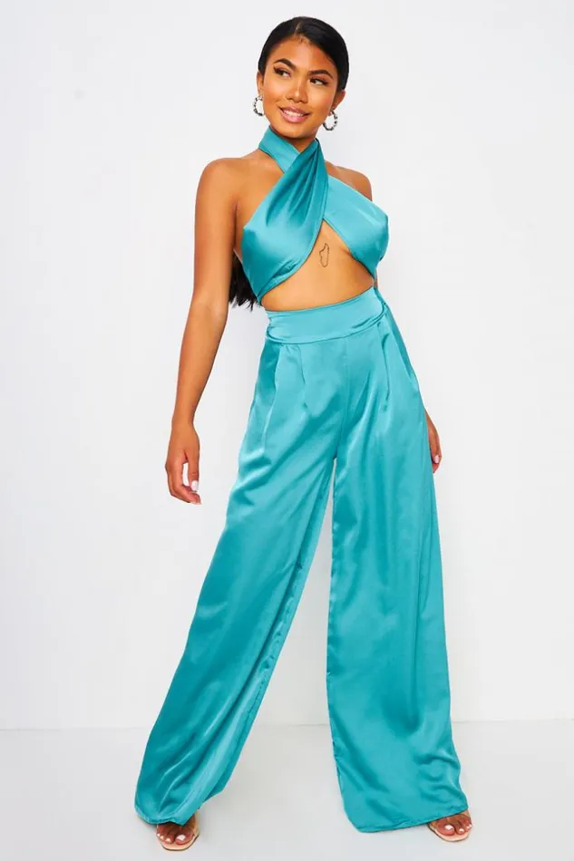 Women 2 Piece CoOrd Satin Set Wrap Top With Halter Neck Trousers In BlueGreen Blue Brentiny Paris Top And Tank Tops