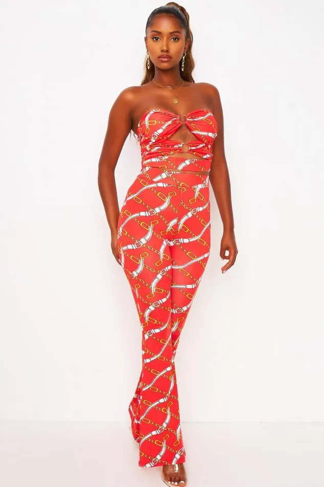 Women 2 Piece CoOrd Set Chain Print Bustier Top Trousers In Red Red Brentiny Paris Top And Tank Tops Women 2 Piece CoOrd Set Chain Print Bustier Top Trousers In Red Red Brentiny Paris Top And Tank Tops