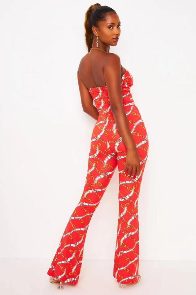 Women 2 Piece CoOrd Set Chain Print Bustier Top Trousers In Red Red Brentiny Paris Top And Tank Tops