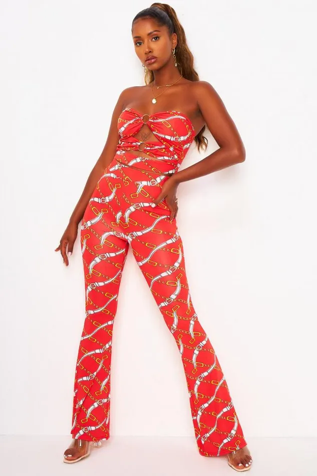 Women 2 Piece CoOrd Set Chain Print Bustier Top Trousers In Red Red Brentiny Paris Top And Tank Tops