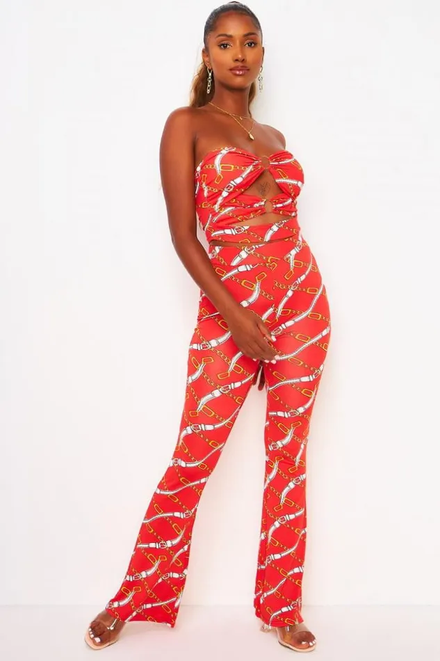 Women 2 Piece CoOrd Set Chain Print Bustier Top Trousers In Red Red Brentiny Paris Top And Tank Tops