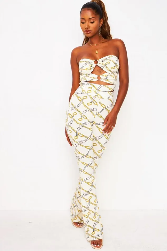 Women 2 Piece CoOrd Set Chain Print Bustier Top Trousers In White White Brentiny Paris Lace Tops
