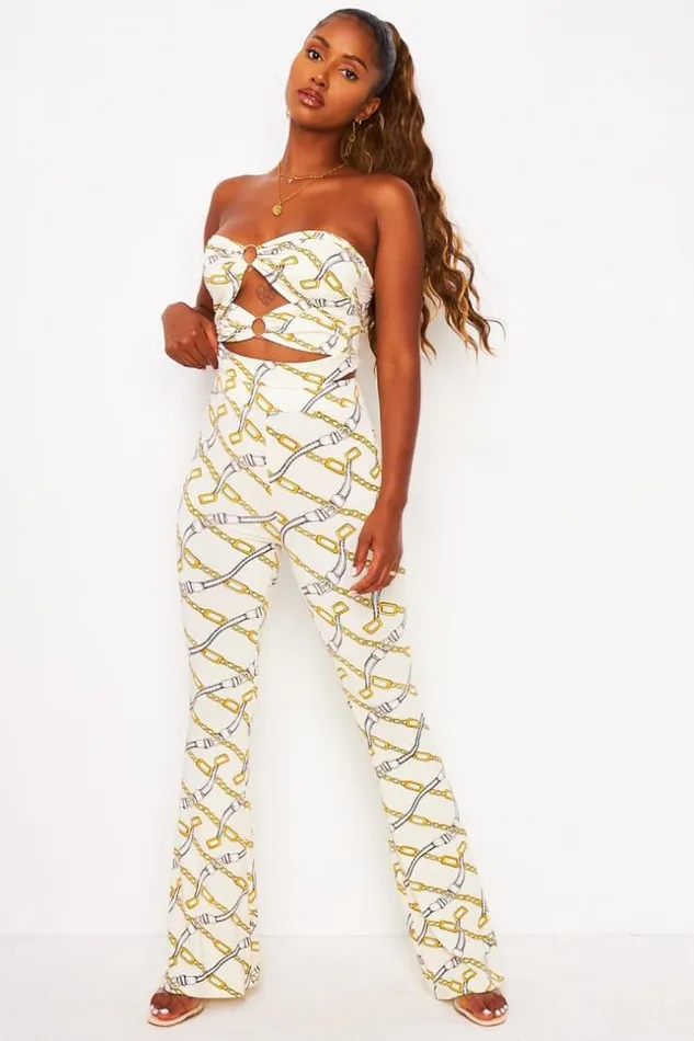 Women 2 Piece CoOrd Set Chain Print Bustier Top Trousers In White White Brentiny Paris Lace Tops