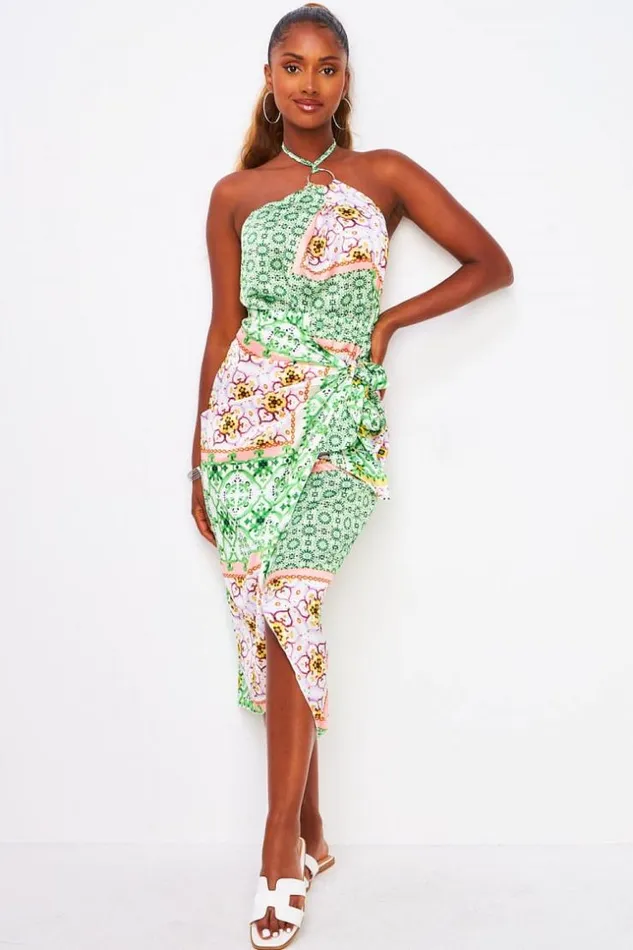 Women 2 Piece CoOrd Set Ring Trim Halter Top Midi Skirt In Green Graphic Print Green Brentiny Paris Skirts Women 2 Piece CoOrd Set Ring Trim Halter Top Midi Skirt In Green Graphic Print Green Brentiny Paris Skirts