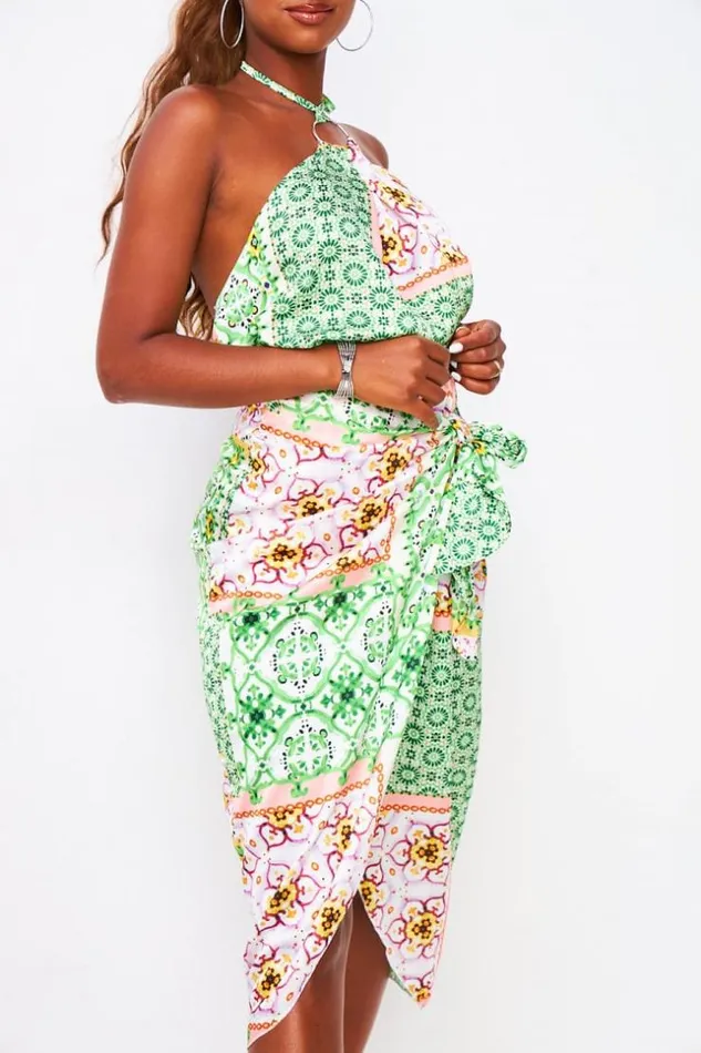 Women 2 Piece CoOrd Set Ring Trim Halter Top Midi Skirt In Green Graphic Print Green Brentiny Paris Skirts