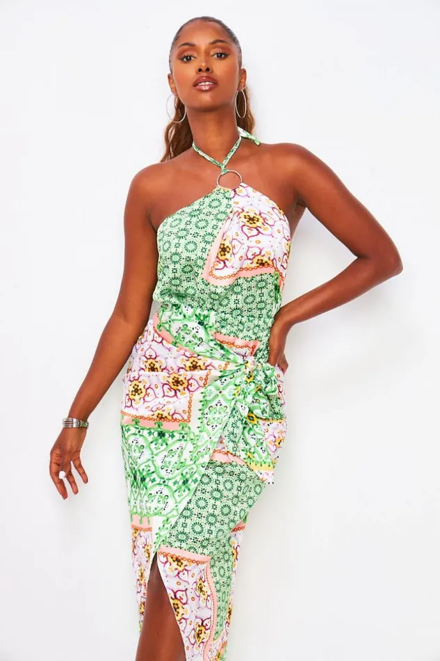 Women 2 Piece CoOrd Set Ring Trim Halter Top Midi Skirt In Green Graphic Print Green Brentiny Paris Skirts