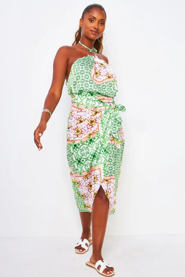 Women 2 Piece CoOrd Set Ring Trim Halter Top Midi Skirt In Green Graphic Print Green Brentiny Paris Skirts