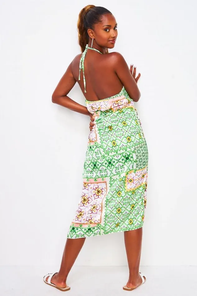Women 2 Piece CoOrd Set Ring Trim Halter Top Midi Skirt In Green Graphic Print Green Brentiny Paris Skirts