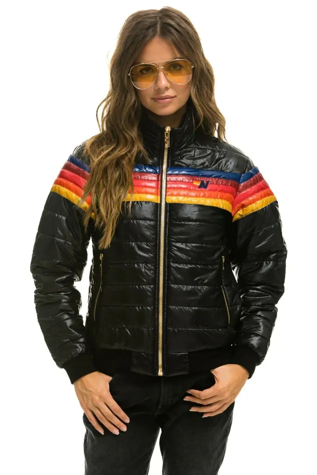 Women 5 STRIPE RAINBOW SLEEVE JACKET 8211 GLOSSY BLACK Aviator Nation Outerwear