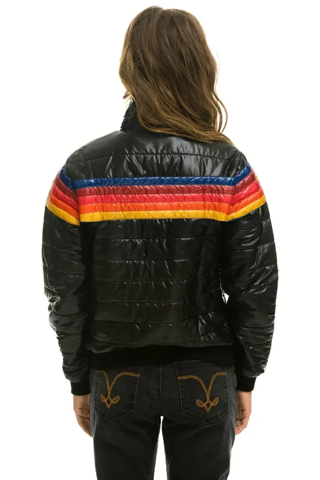 Women 5 STRIPE RAINBOW SLEEVE JACKET 8211 GLOSSY BLACK Aviator Nation Outerwear Women 5 STRIPE RAINBOW SLEEVE JACKET 8211 GLOSSY BLACK Aviator Nation Outerwear