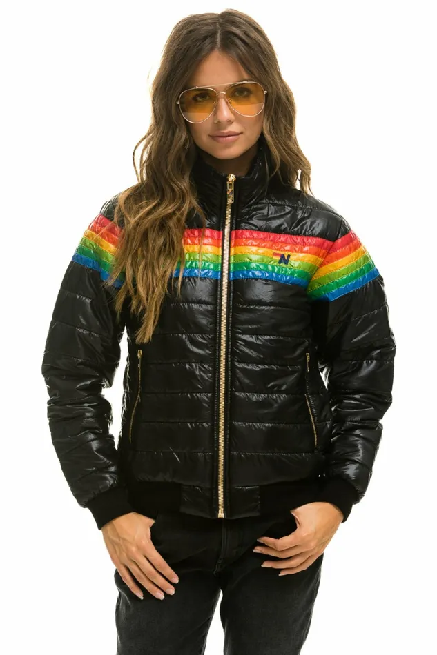 Women 6 STRIPE RAINBOW SLEEVE JACKET 8211 GLOSSY BLACK Aviator Nation Outerwear