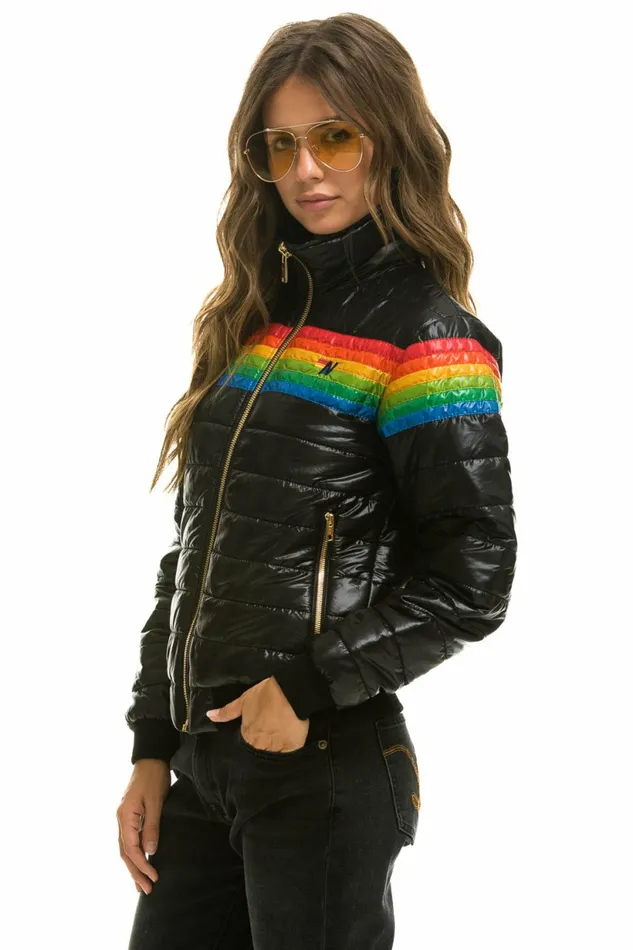 Women 6 STRIPE RAINBOW SLEEVE JACKET 8211 GLOSSY BLACK Aviator Nation Outerwear Women 6 STRIPE RAINBOW SLEEVE JACKET 8211 GLOSSY BLACK Aviator Nation Outerwear