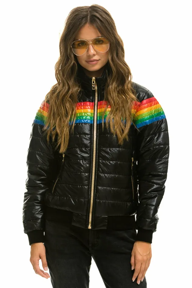 Women 6 STRIPE RAINBOW SLEEVE JACKET 8211 GLOSSY BLACK Aviator Nation Outerwear Women 6 STRIPE RAINBOW SLEEVE JACKET 8211 GLOSSY BLACK Aviator Nation Outerwear