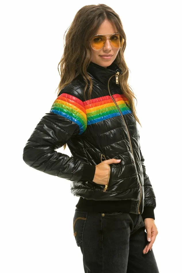 Women 6 STRIPE RAINBOW SLEEVE JACKET 8211 GLOSSY BLACK Aviator Nation Outerwear Women 6 STRIPE RAINBOW SLEEVE JACKET 8211 GLOSSY BLACK Aviator Nation Outerwear