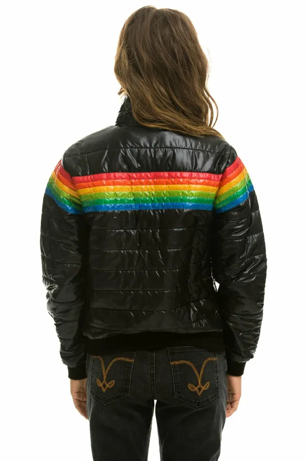Women 6 STRIPE RAINBOW SLEEVE JACKET 8211 GLOSSY BLACK Aviator Nation Outerwear Women 6 STRIPE RAINBOW SLEEVE JACKET 8211 GLOSSY BLACK Aviator Nation Outerwear
