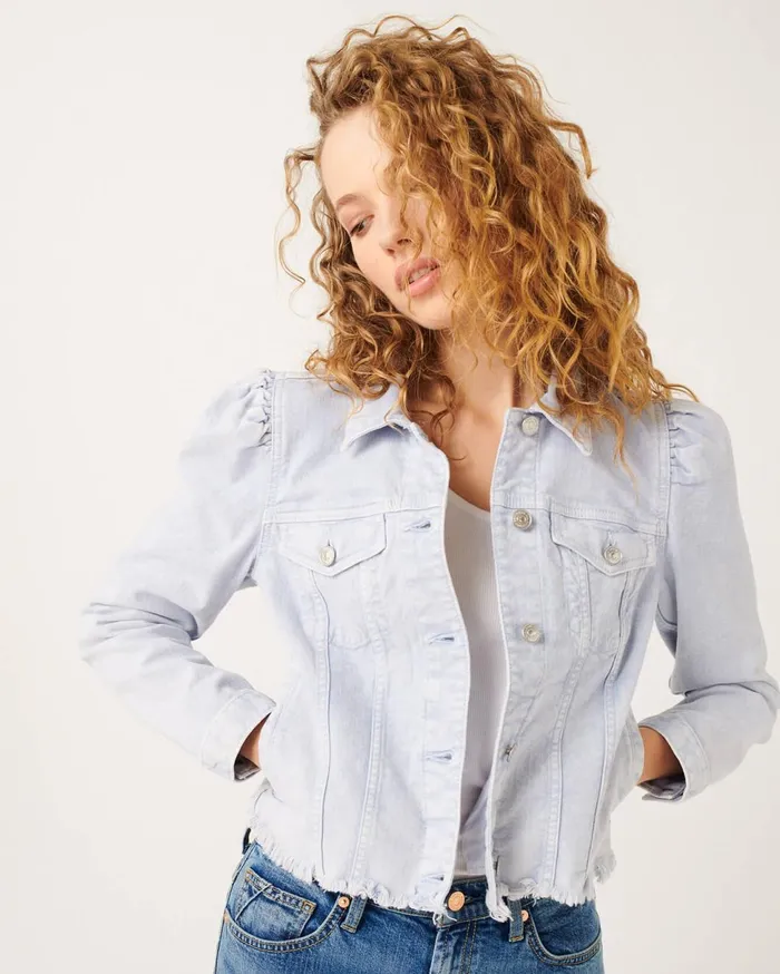 Women 7 For All Mankind Jackets 038 Coats Puff Sleeve Jacket With Frayed Hem In Mineral Light Violet Women 7 For All Mankind Jackets 038 Coats Puff Sleeve Jacket With Frayed Hem In Mineral Light Violet