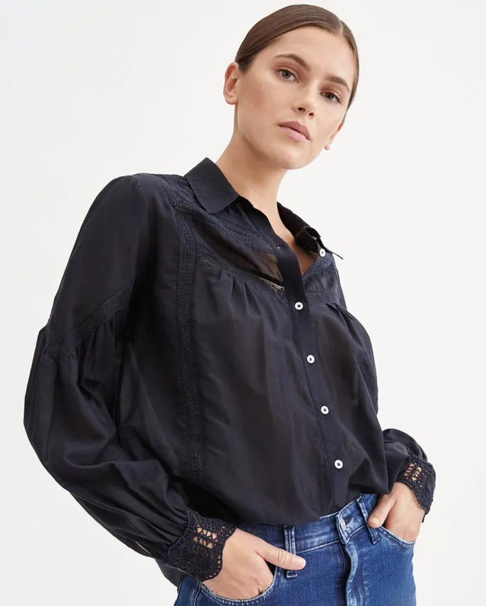 Women 7 For All Mankind Tops Long Sleeve Vintage Lace Shirt In Jet Black