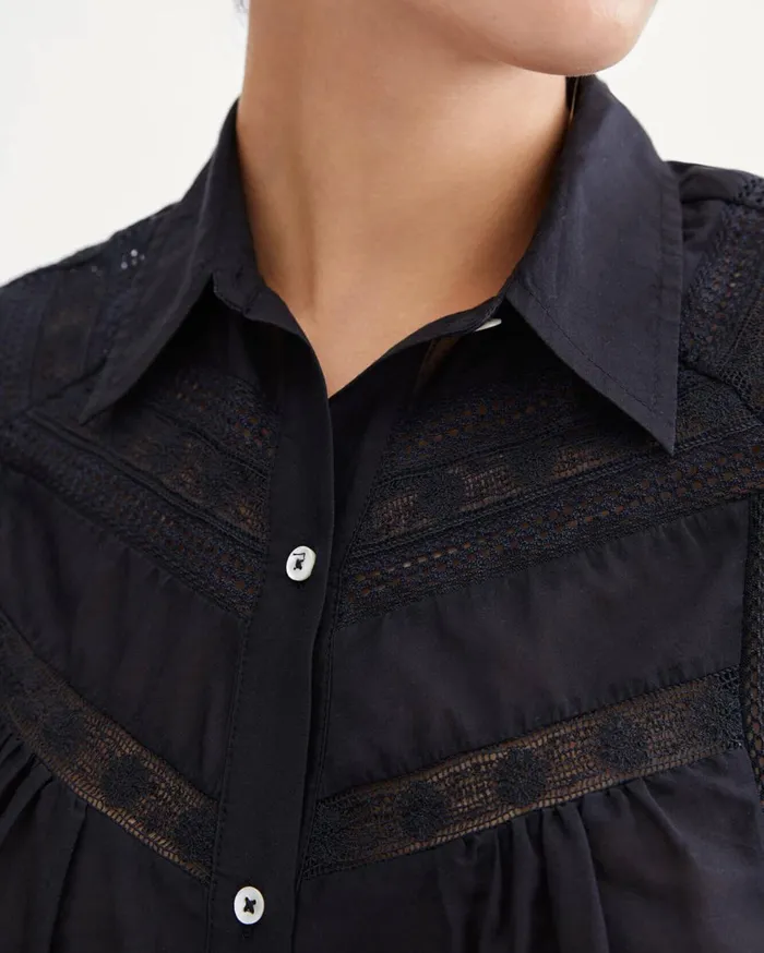 Women 7 For All Mankind Tops Long Sleeve Vintage Lace Shirt In Jet Black