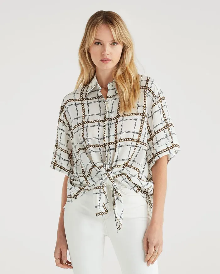 Women 7 For All Mankind Tops Short Sleeve Tie Front Shirt In Chain Print