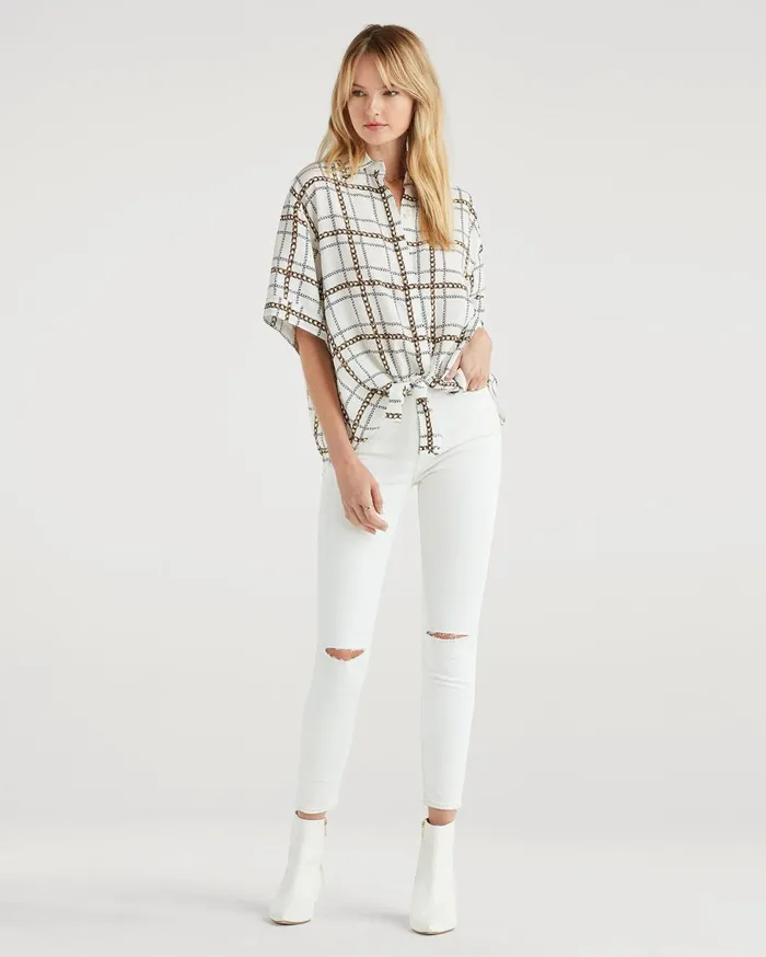 Women 7 For All Mankind Tops Short Sleeve Tie Front Shirt In Chain Print
