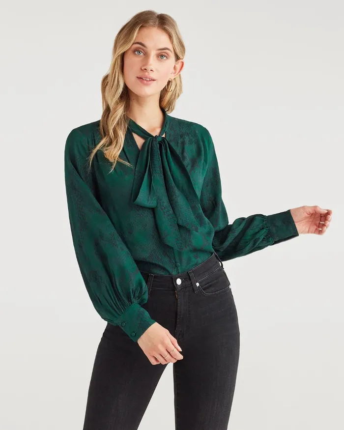 Women 7 For All Mankind Tops V Neck Tie Blouse In Dark Green Python