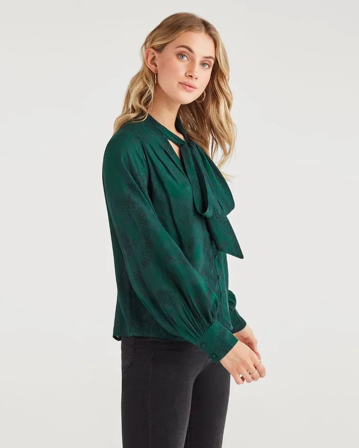 Women 7 For All Mankind Tops V Neck Tie Blouse In Dark Green Python