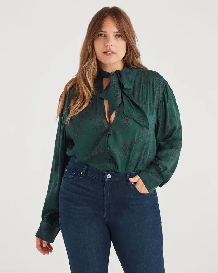 Women 7 For All Mankind Tops V Neck Tie Blouse In Dark Green Python