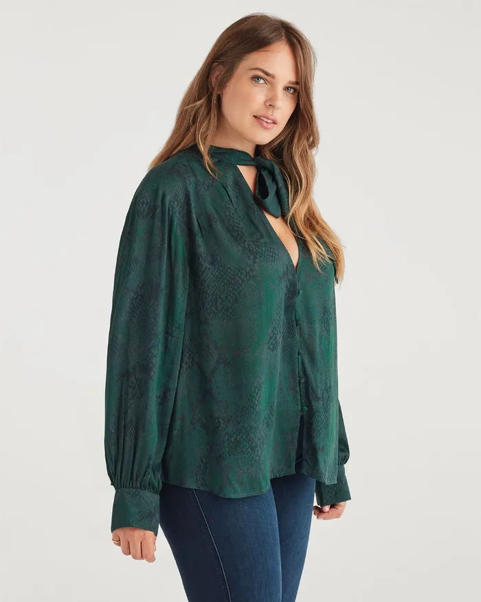 Women 7 For All Mankind Tops V Neck Tie Blouse In Dark Green Python