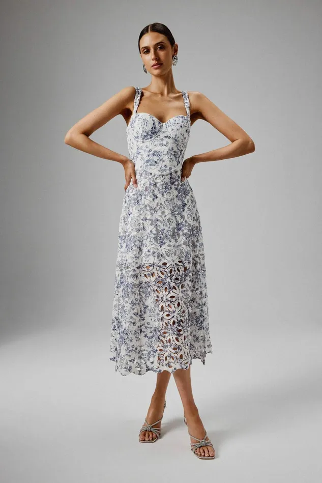 Women ALine Dresses Lavish Alice KIRA Broderie Anglais ALine Sundress In Blue Porcelain Print Blue Porcelain Print