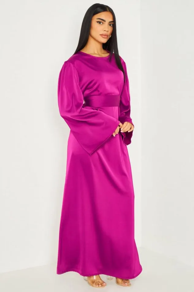Women Abaya Ample Ceinture Et Satine Violette Purple Brentiny Paris Satin Dresses