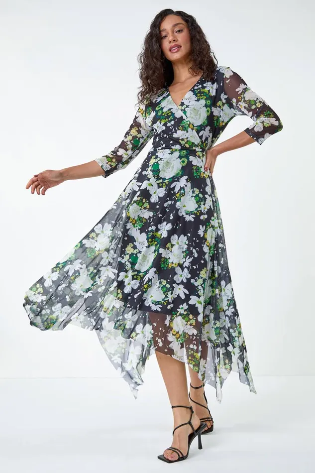 Women Abstract Stretch Mesh Hanky Hem Wrap Dress Roman Dresses