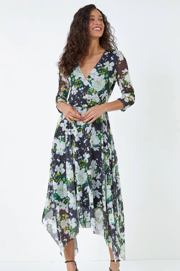Women Abstract Stretch Mesh Hanky Hem Wrap Dress Roman Dresses