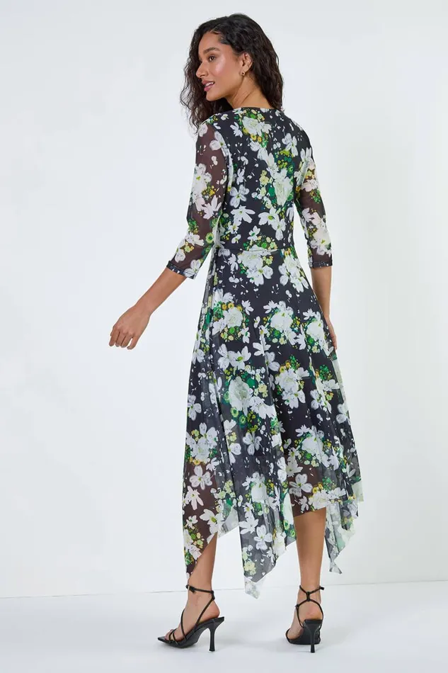 Women Abstract Stretch Mesh Hanky Hem Wrap Dress Roman Dresses