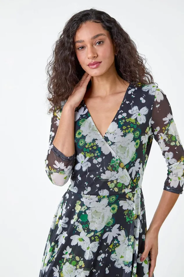 Women Abstract Stretch Mesh Hanky Hem Wrap Dress Roman Dresses