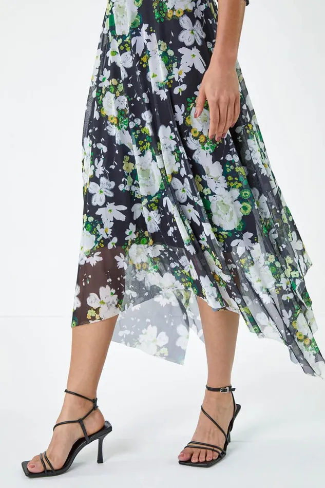 Women Abstract Stretch Mesh Hanky Hem Wrap Dress Roman Dresses