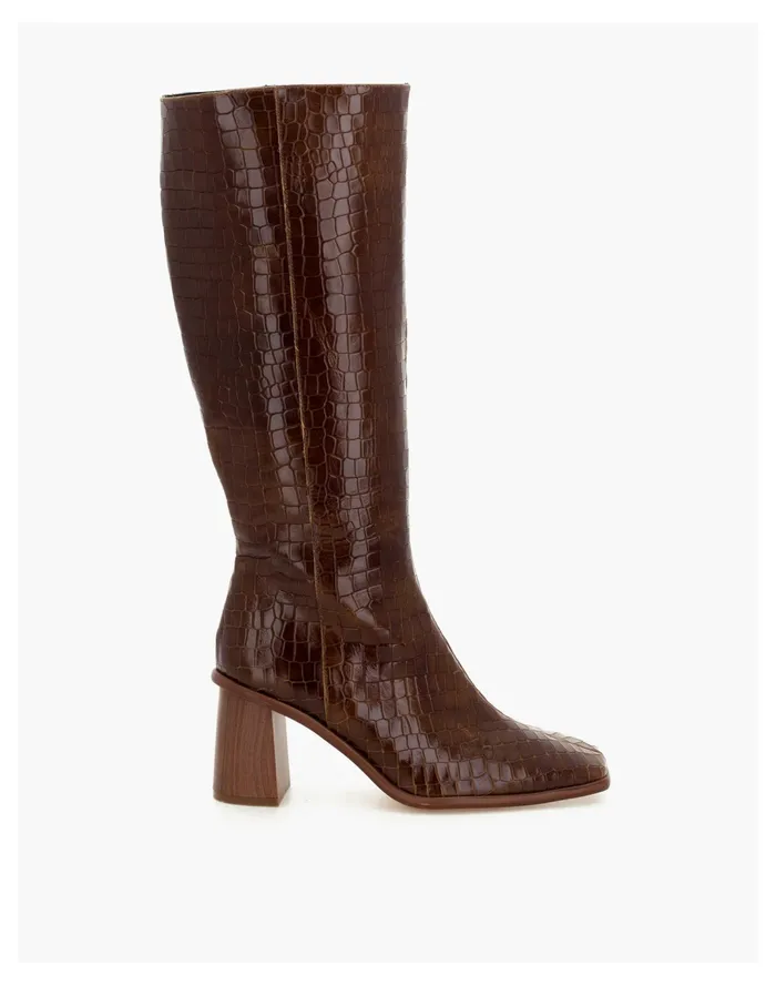 Women ALOHAS Leather East Knee High Boots In Crocodile Embossed Brown Madewell Boots