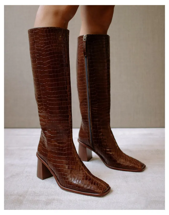 Women ALOHAS Leather East Knee High Boots In Crocodile Embossed Brown Madewell Boots Women ALOHAS Leather East Knee High Boots In Crocodile Embossed Brown Madewell Boots