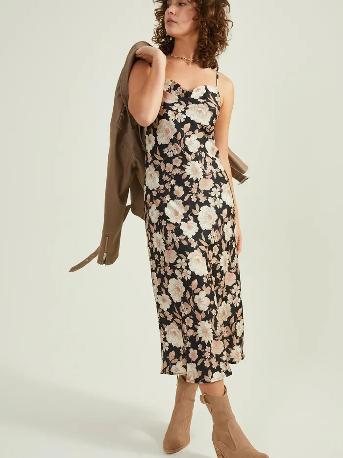 Women Altar039d State Casual Iyla Satin Midi Dress Blackfloral