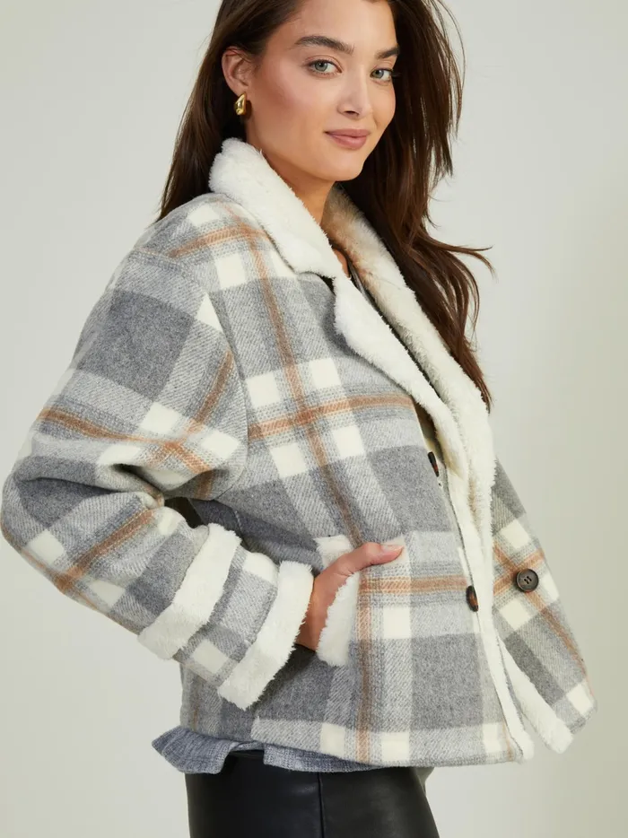 Women Altar039d State Jackets Aviva Plaid Sherpa Jacket Graybrown